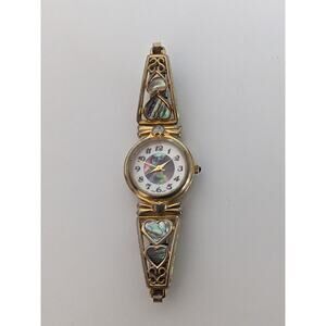 Vintage Kathy Ireland Abalone Hearts Gold Tone Stretch Band Watch Working
